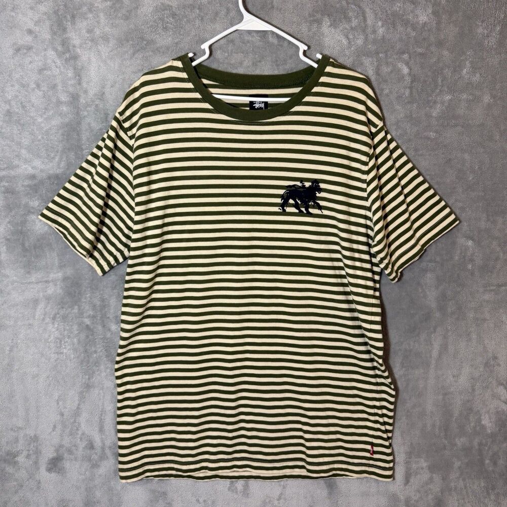 Stussy Men's Olive Green Cream Striped Short Sleeve Shirt Size XL Logo Cotton